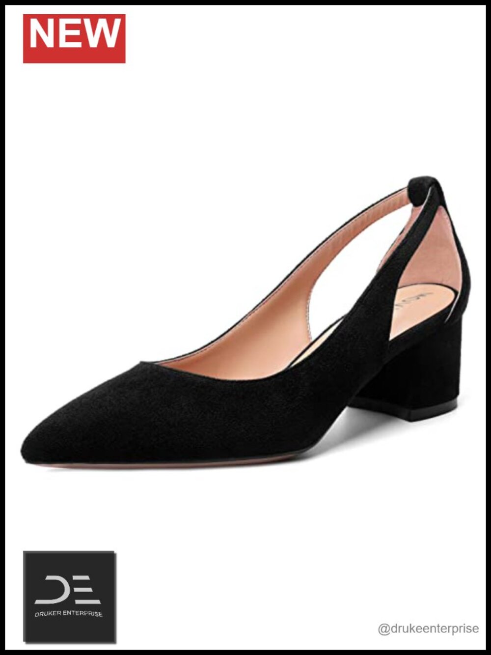 Women's Chunky Low Heel Pumps with Cut-Out Design, Suede Lining, Pointed Toe
